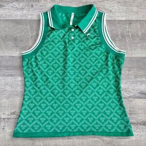Fabletics Seamless Golf Polo Top Women L Sleeveless Green Fairway Jacquard Print